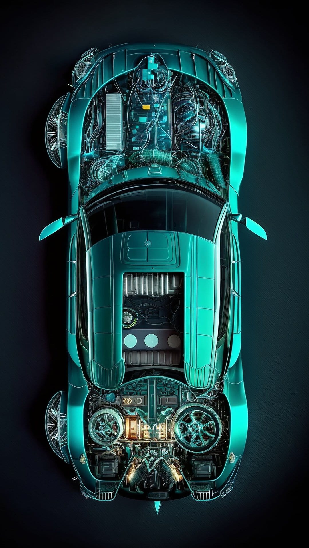 Cyberpunk car interior reveals glowing teal circuits and exposed mechanical wiring from an overhead perspective.