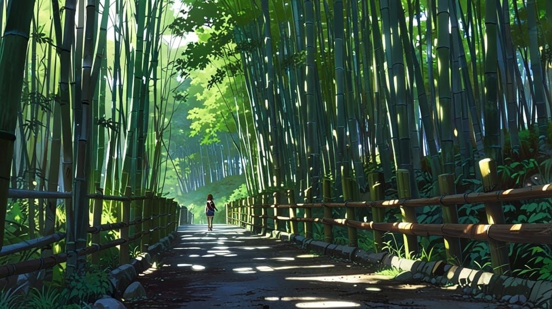 A lone wanderer walks along a dirt trail through towering bamboo stalks under dappled sunlight and soft shadows.