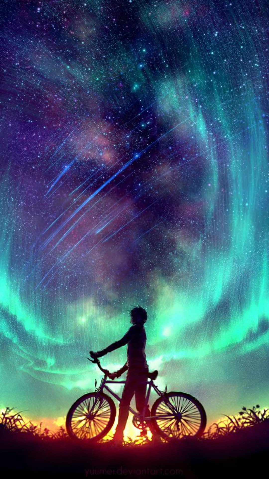 Boy silhouetted with a bicycle watches a green aurora and falling meteors across a vast starry night sky.