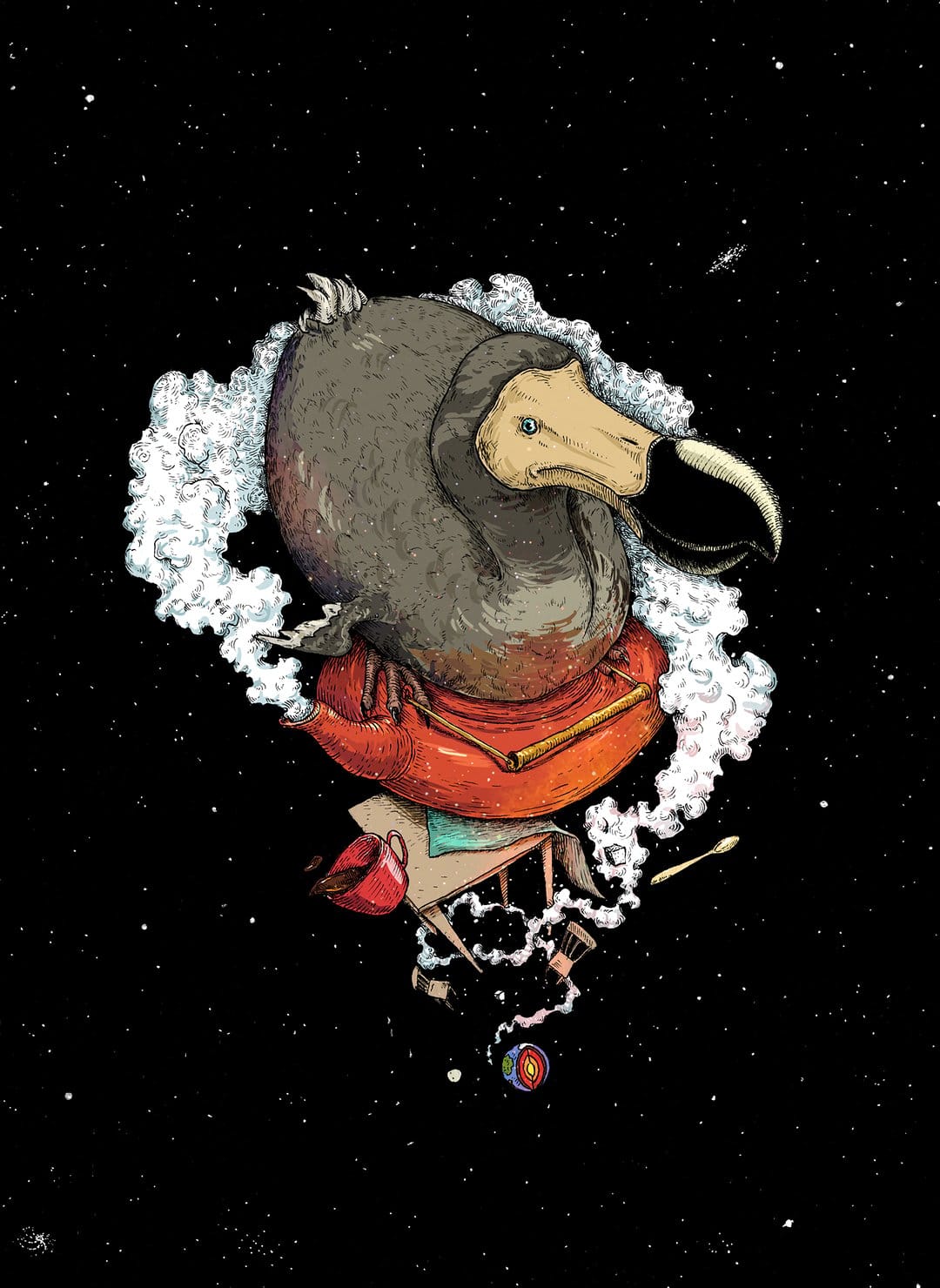 Dodo bird perched on an upside-down teapot with a spilling cup in space against a starry black background.