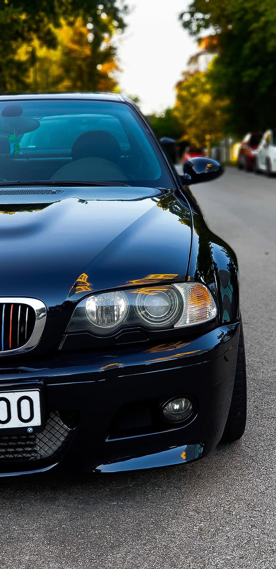 Black BMW M3 E46 headlight and M-colored kidney grille reflecting autumn trees on polished bodywork.