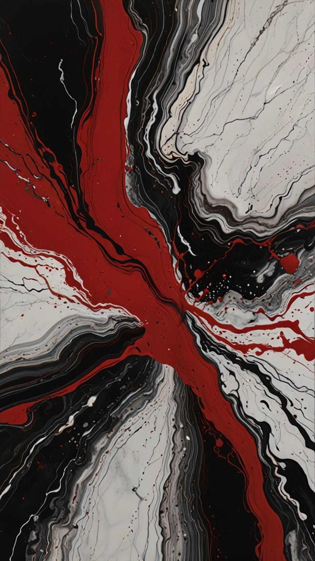 Red and black fluid swirls intertwine with white marbling in a vertical high-contrast abstract composition.