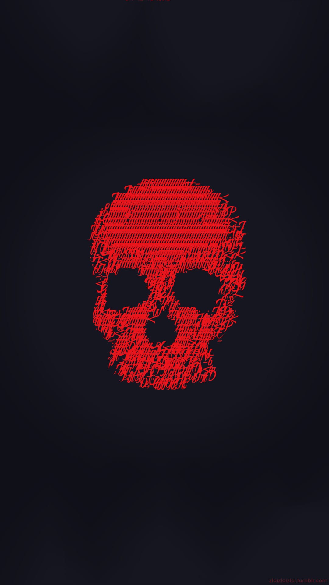 Red human skull formed by dense text characters centered on a solid black background for a high-contrast look.