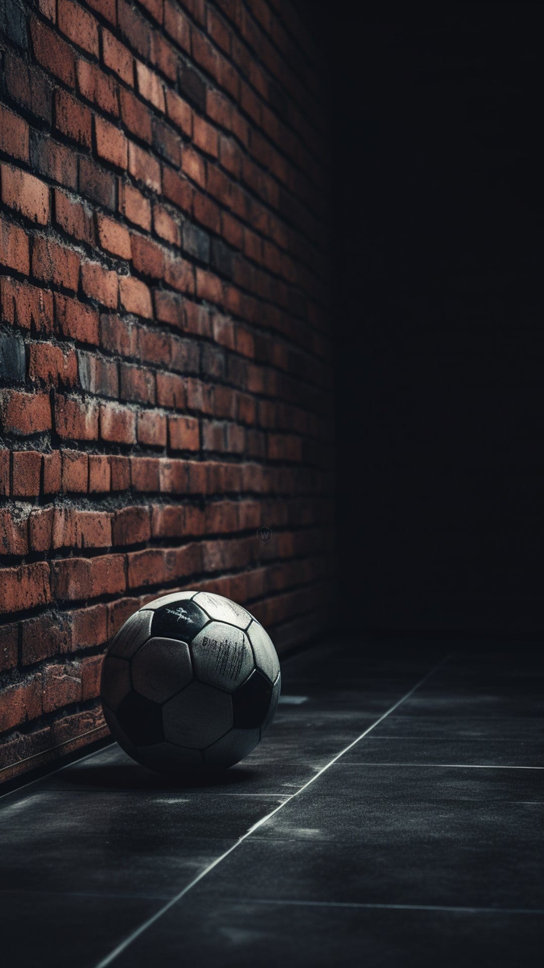 Weathered soccer ball leans against a dark textured brick wall in a dimly lit alley with dramatic shadows.