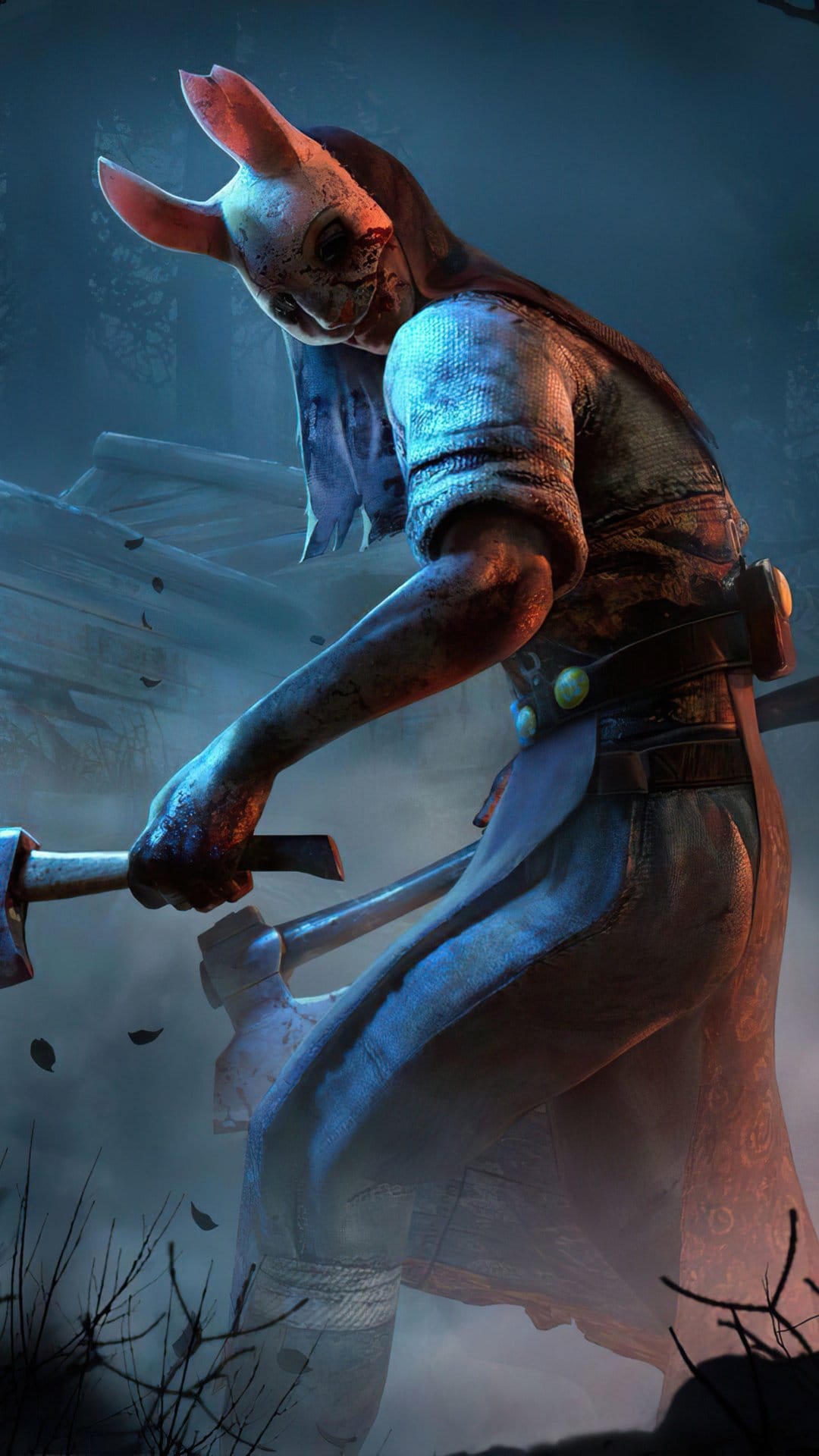 The Huntress wears a blood-stained rabbit mask while holding a hatchet in a dark, misty forest setting.