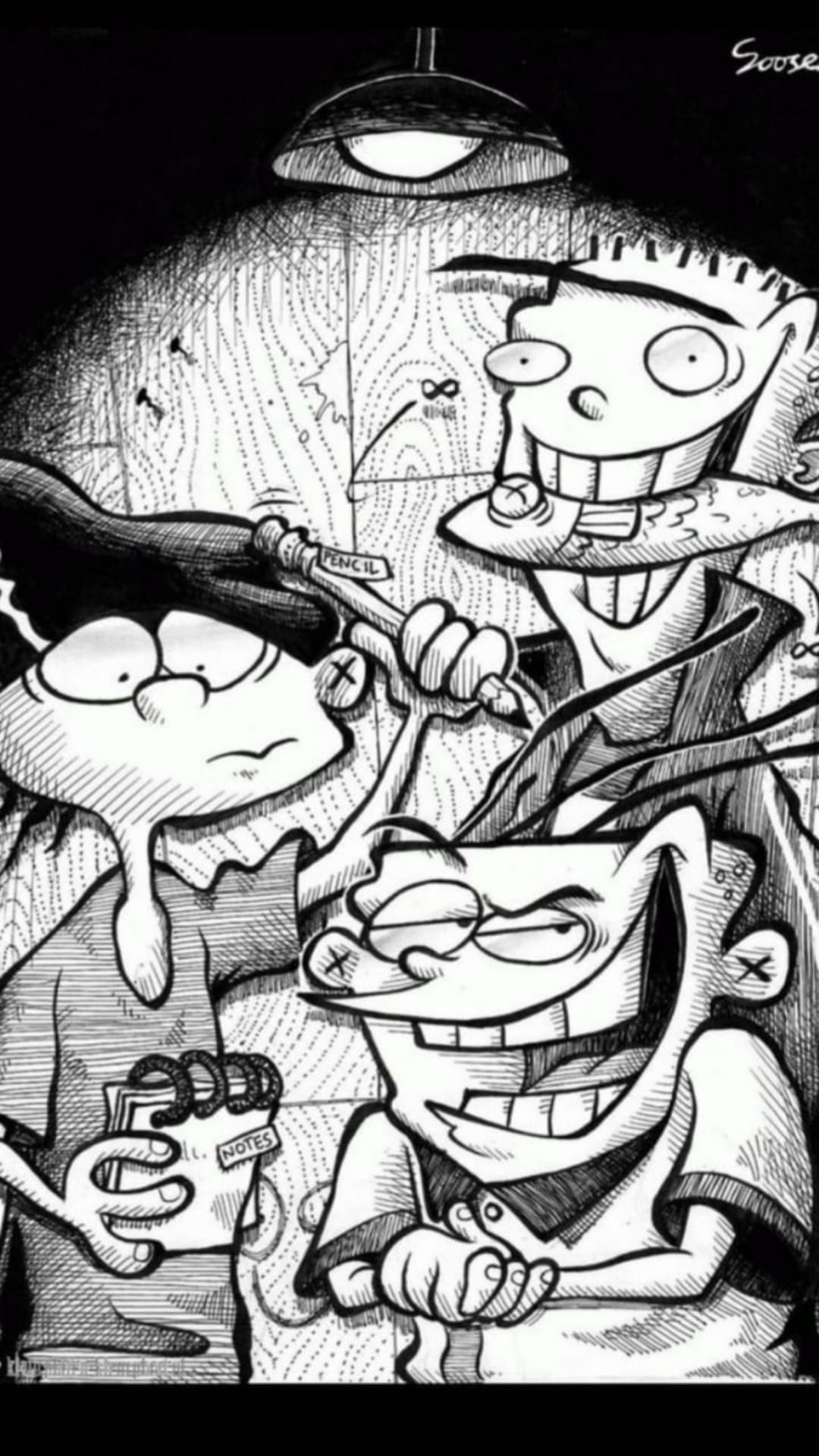 Ed, Edd, and Eddy stand together under a glowing hanging lamp in a dark room with heavy grayscale shadows.