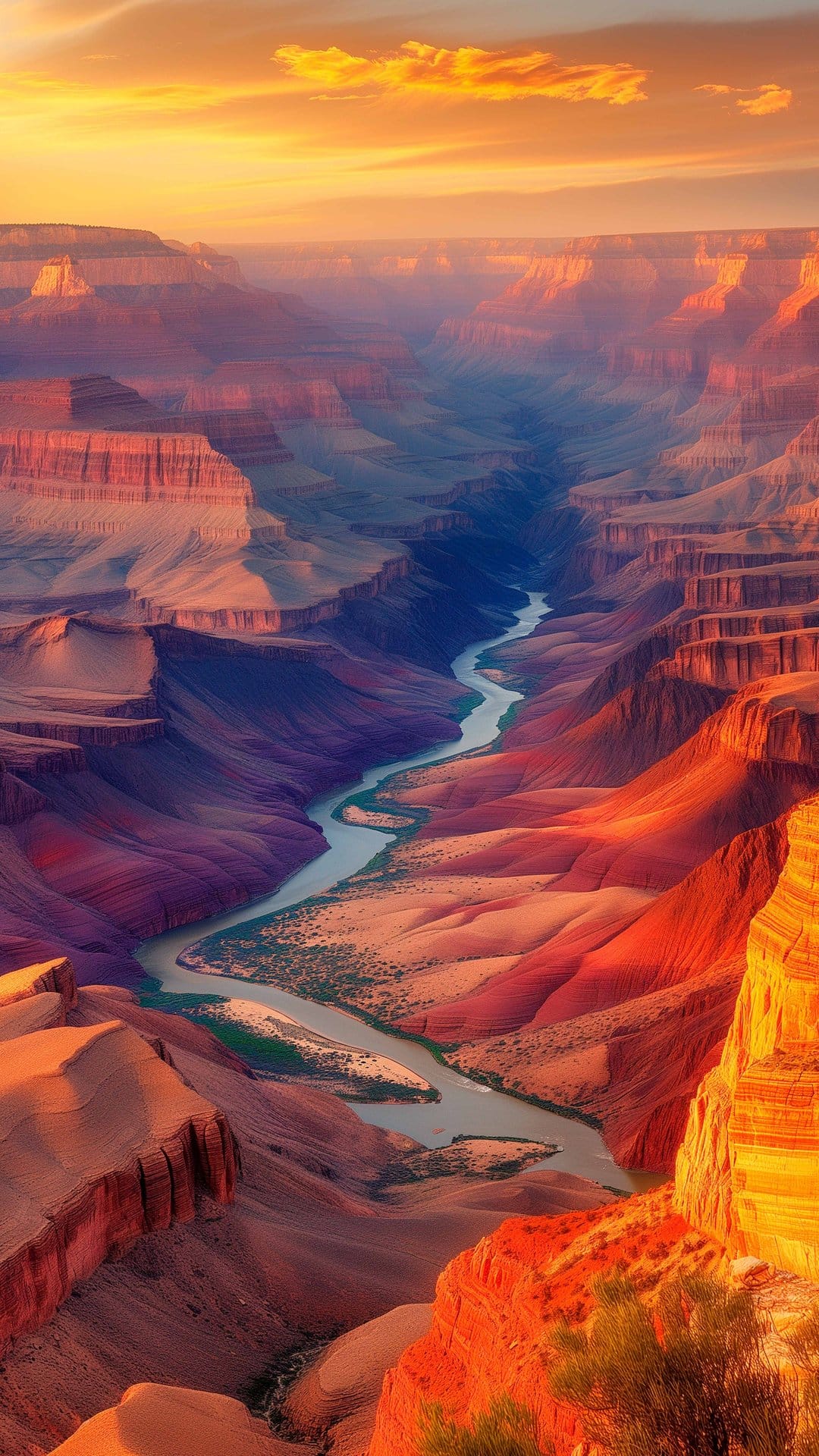 Colorado River carves through layered red rock formations during a golden hour sunset in the Grand Canyon.
