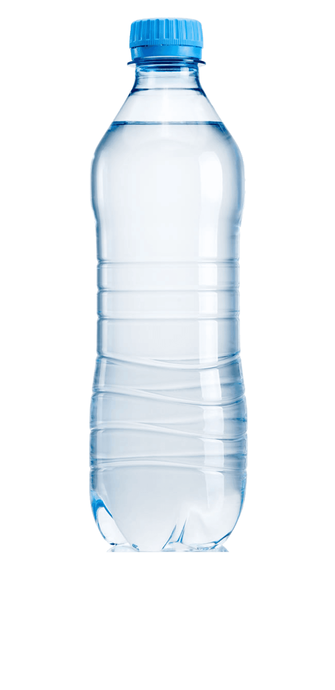 Plastic and glass beverage bottles with transparent backgrounds showing realistic light reflections and liquid.