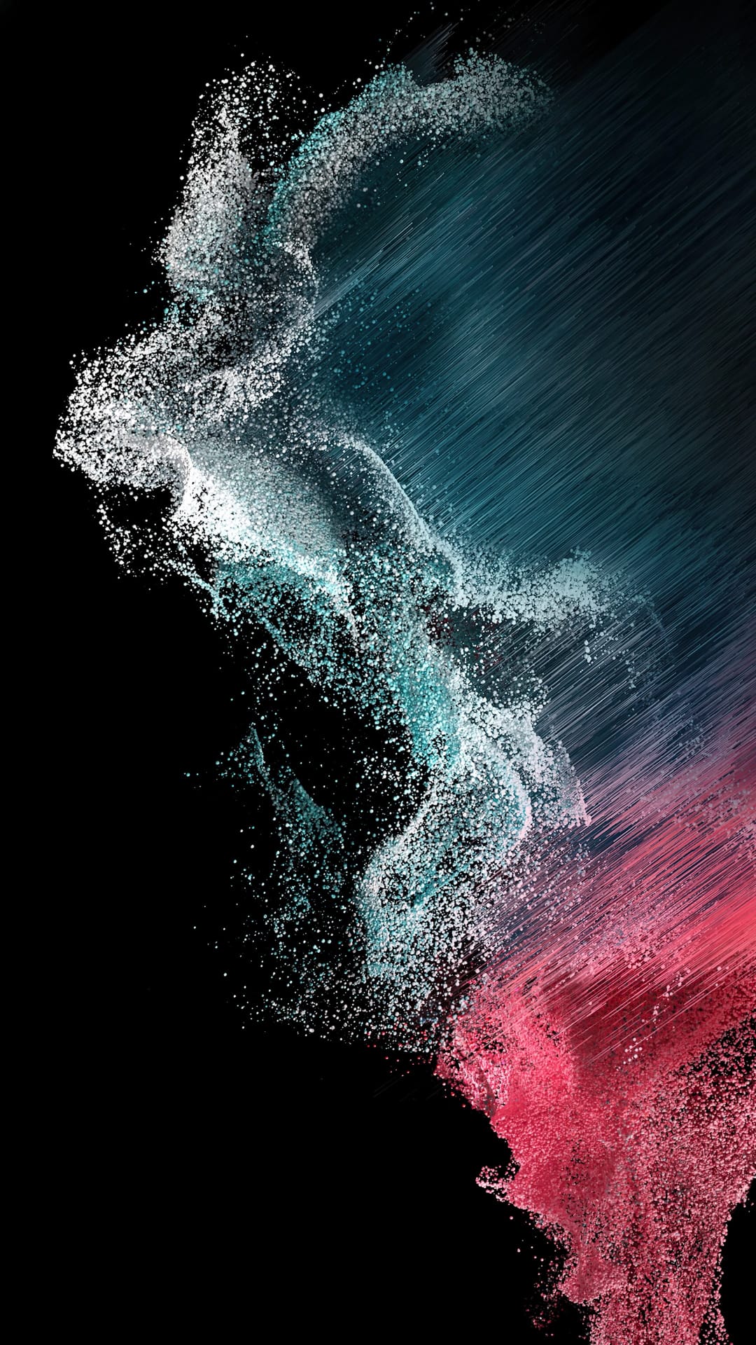 Teal and pink particle trails swirling in a dynamic spiral pattern against a deep, solid black backdrop.