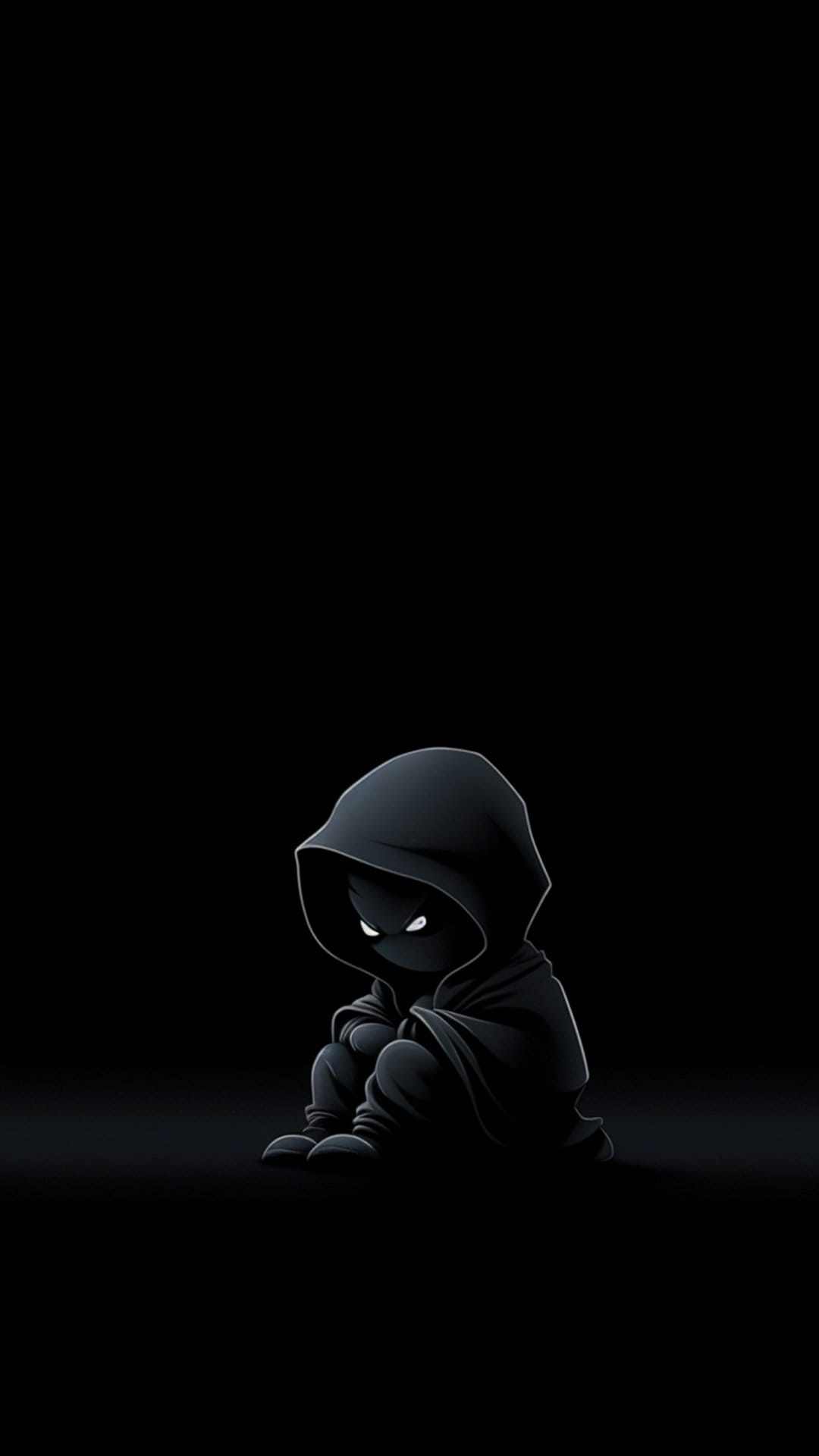 Melancholy cartoon character in a black hoodie with glowing white eyes sits hunched in a dark, shadowy void.