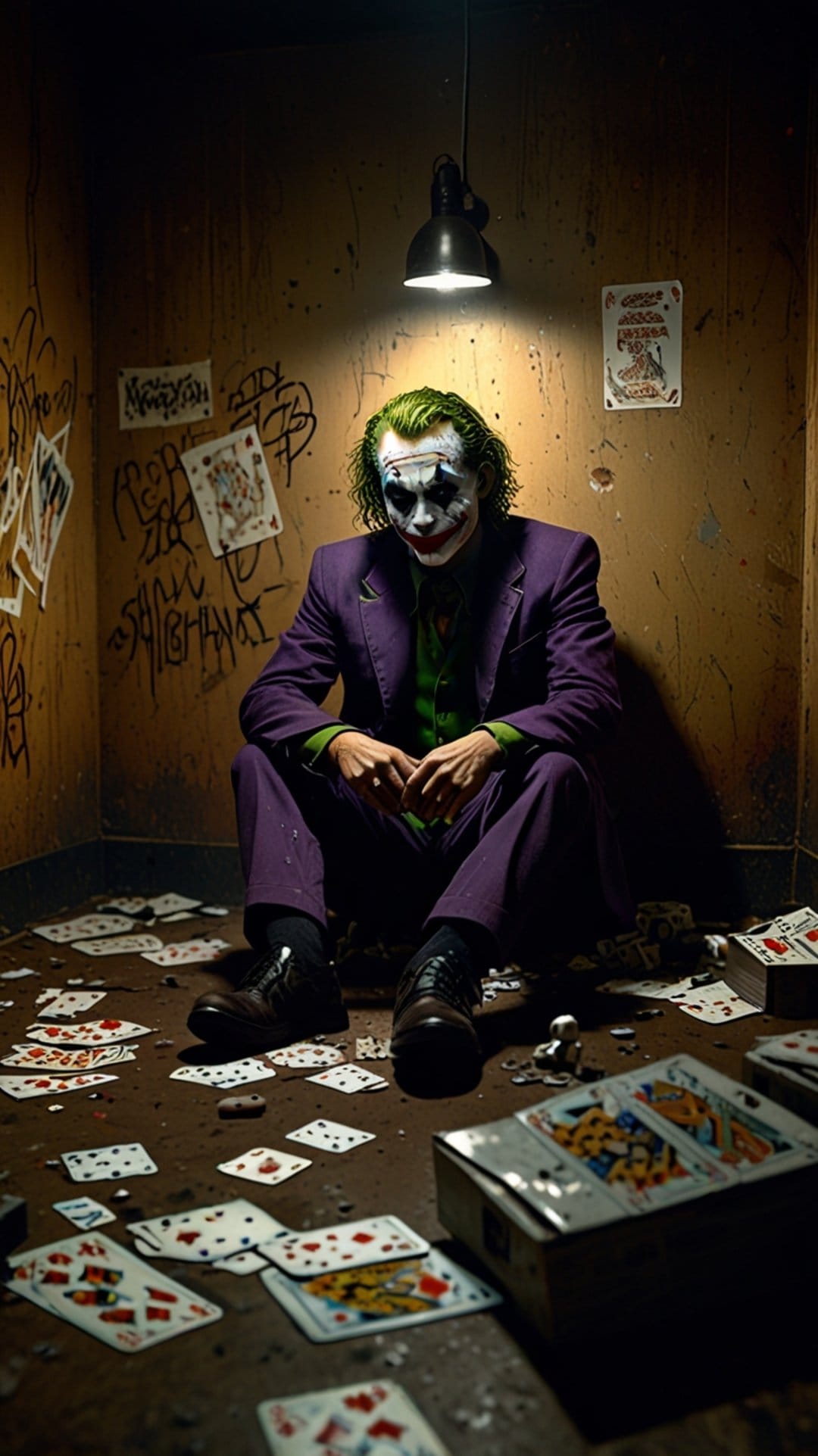 The Joker sits on a graffiti-covered floor with playing cards, wearing a purple suit and smeared white makeup.