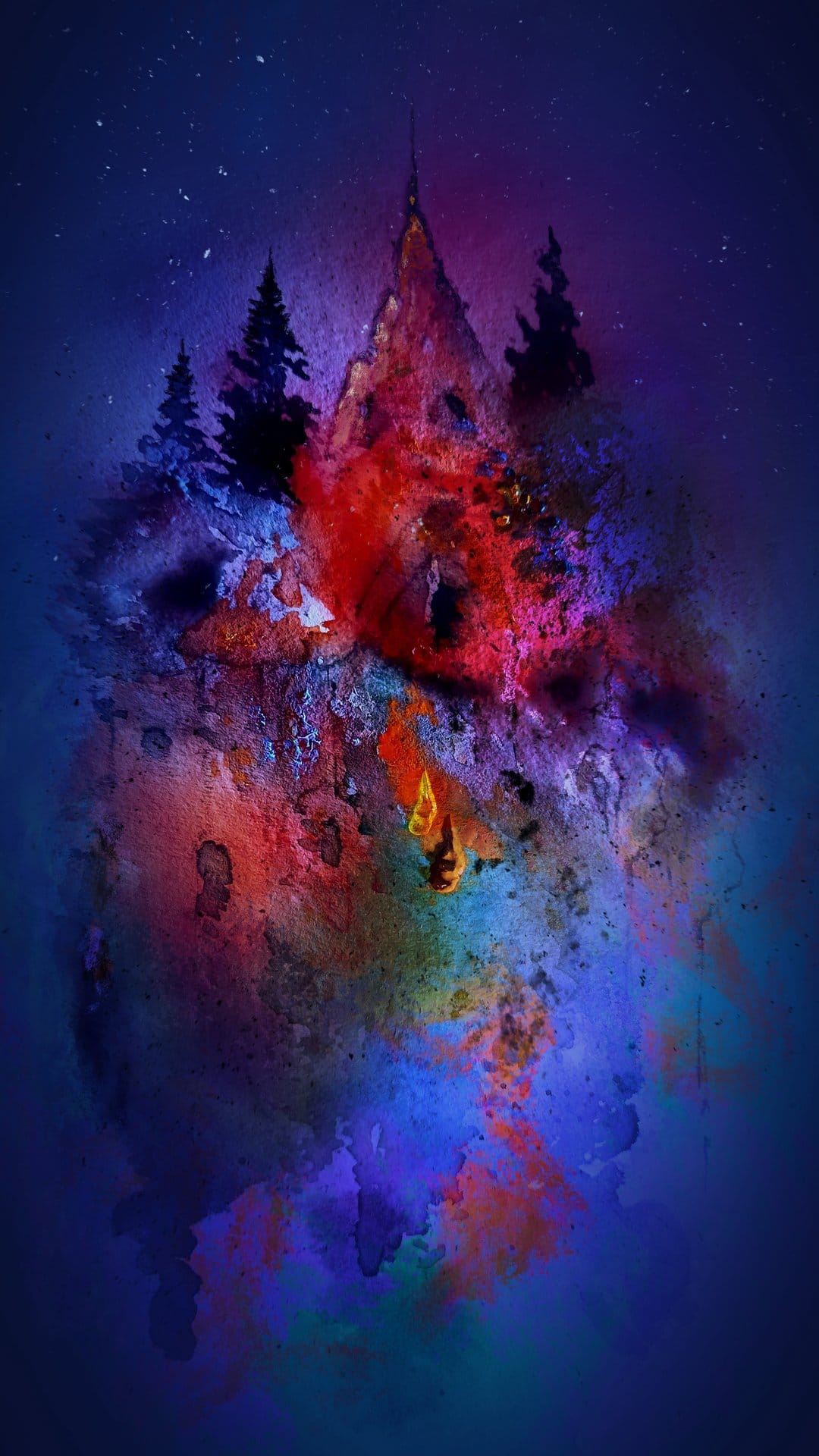 Mountain peak silhouette under a starry sky with vibrant red and blue watercolor paint splatters and pine trees.