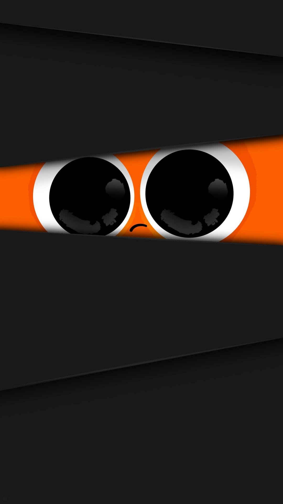 Round white eyes with black pupils stare out from between dark horizontal slats against a bright orange backdrop.