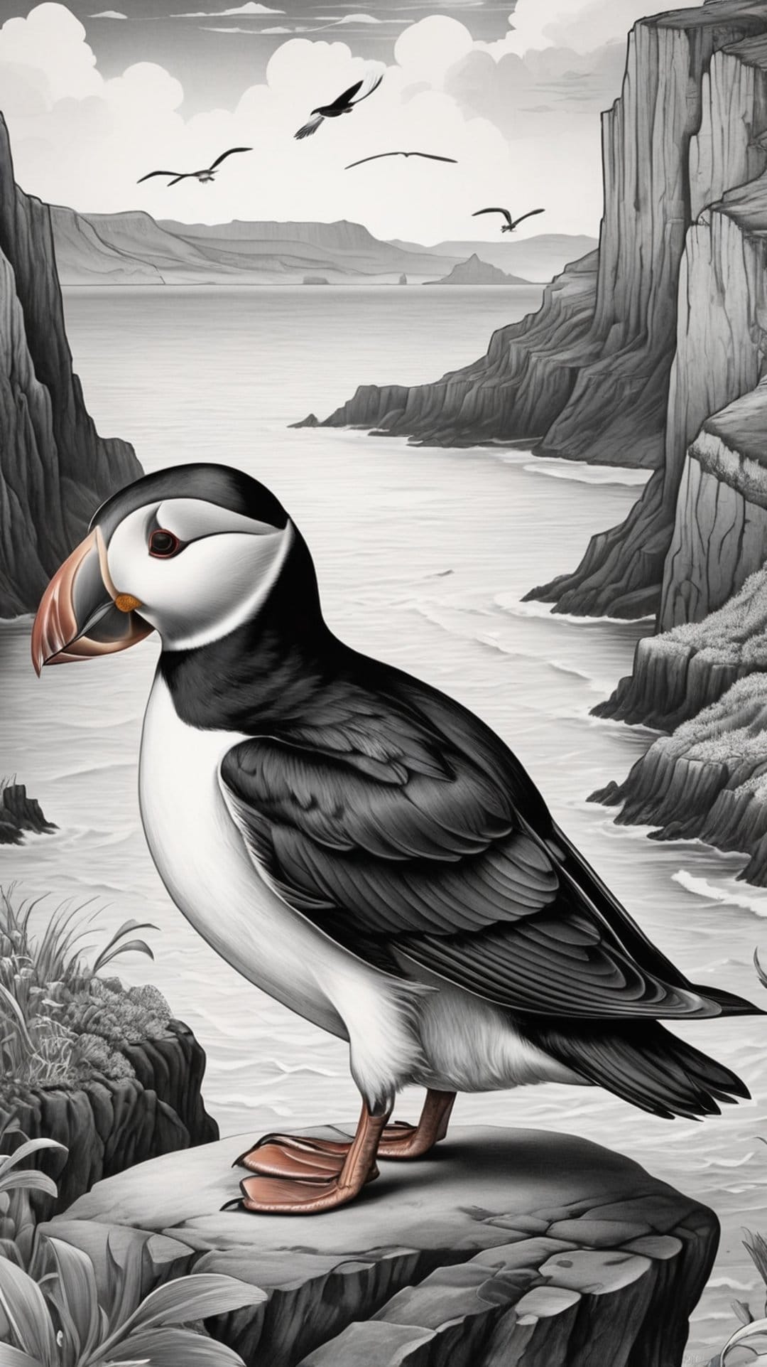 Atlantic puffin stands on a rocky cliff edge with flying gulls and ocean waves in a monochrome nature scene.