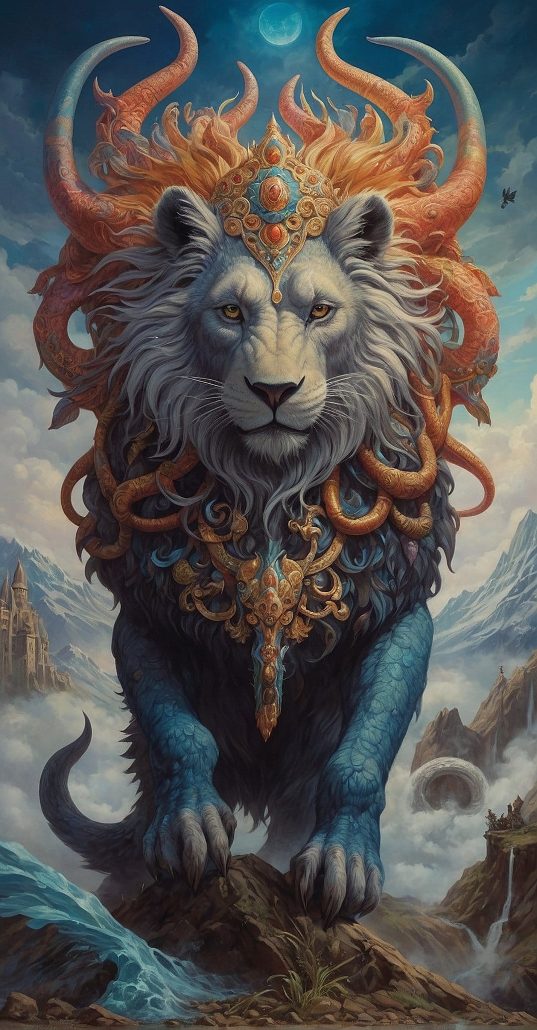 Blue lion with a white mane wearing a golden jeweled crown stands on rocks before a full moon and distant castle.