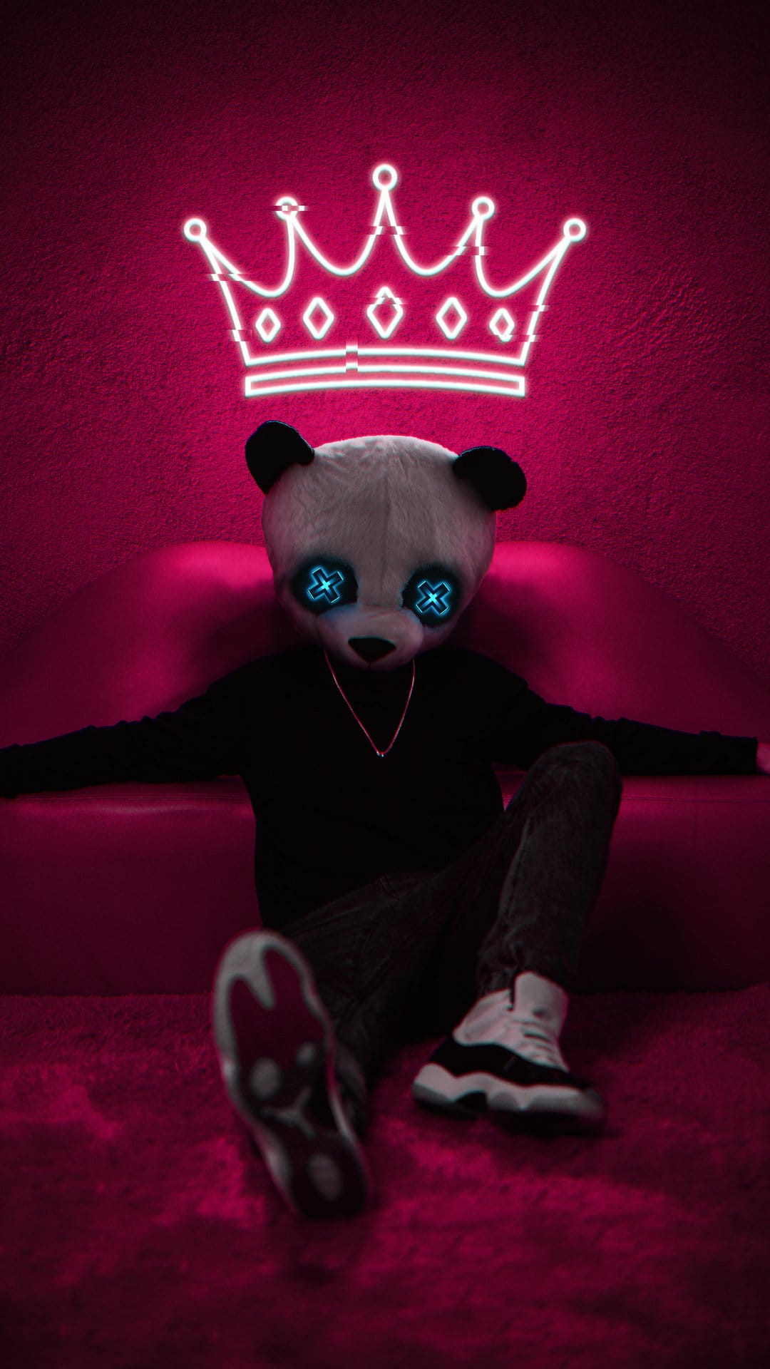 Panda bear with glowing blue cross eyes wearing a sweater and chain sits on a pink couch below a neon white crown.