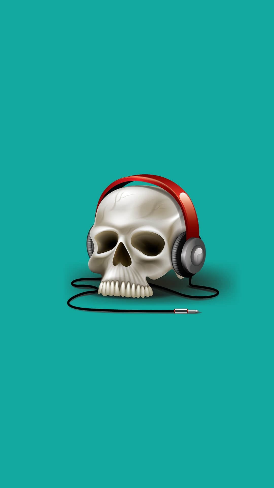 Human skull wearing red headphones with a black cable and silver jack set against a solid teal background.