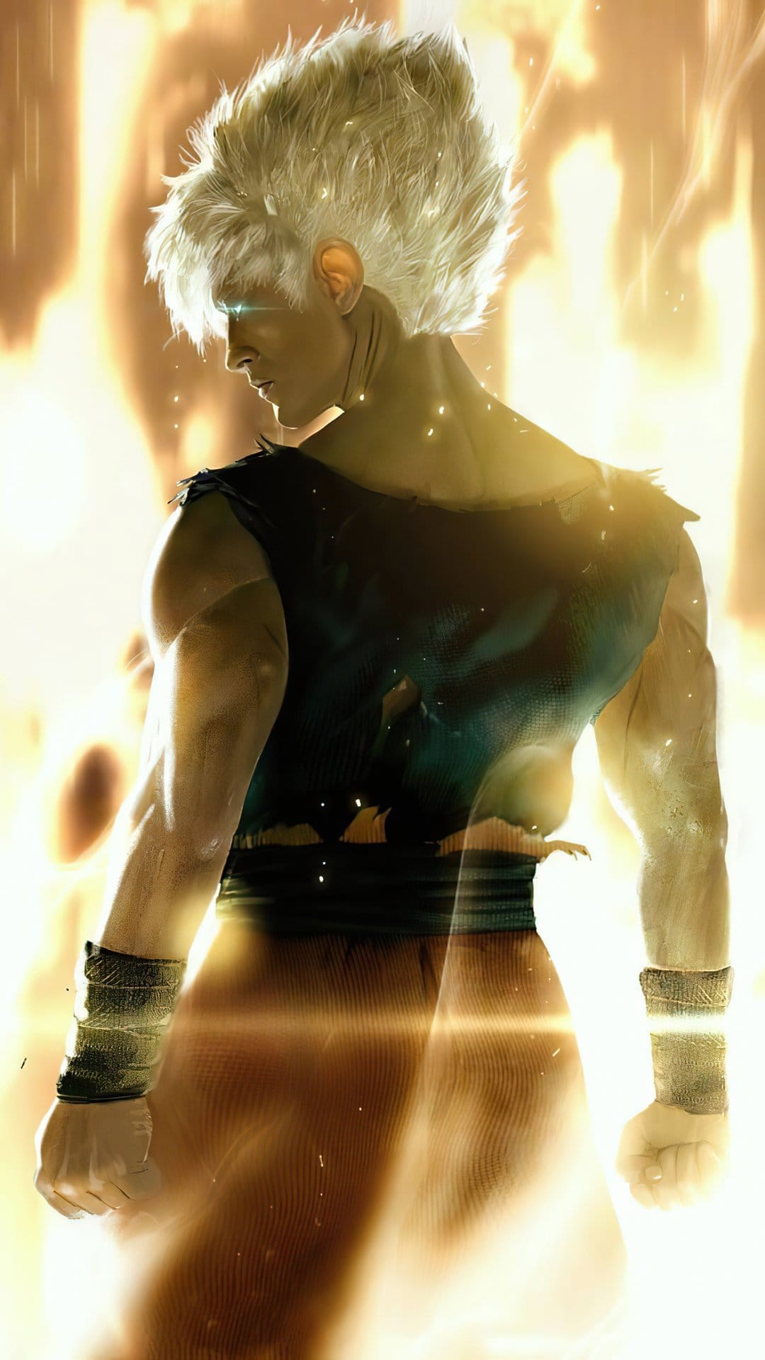 Goku stands with his muscular back turned, featuring glowing silver hair and a radiant golden energy aura.