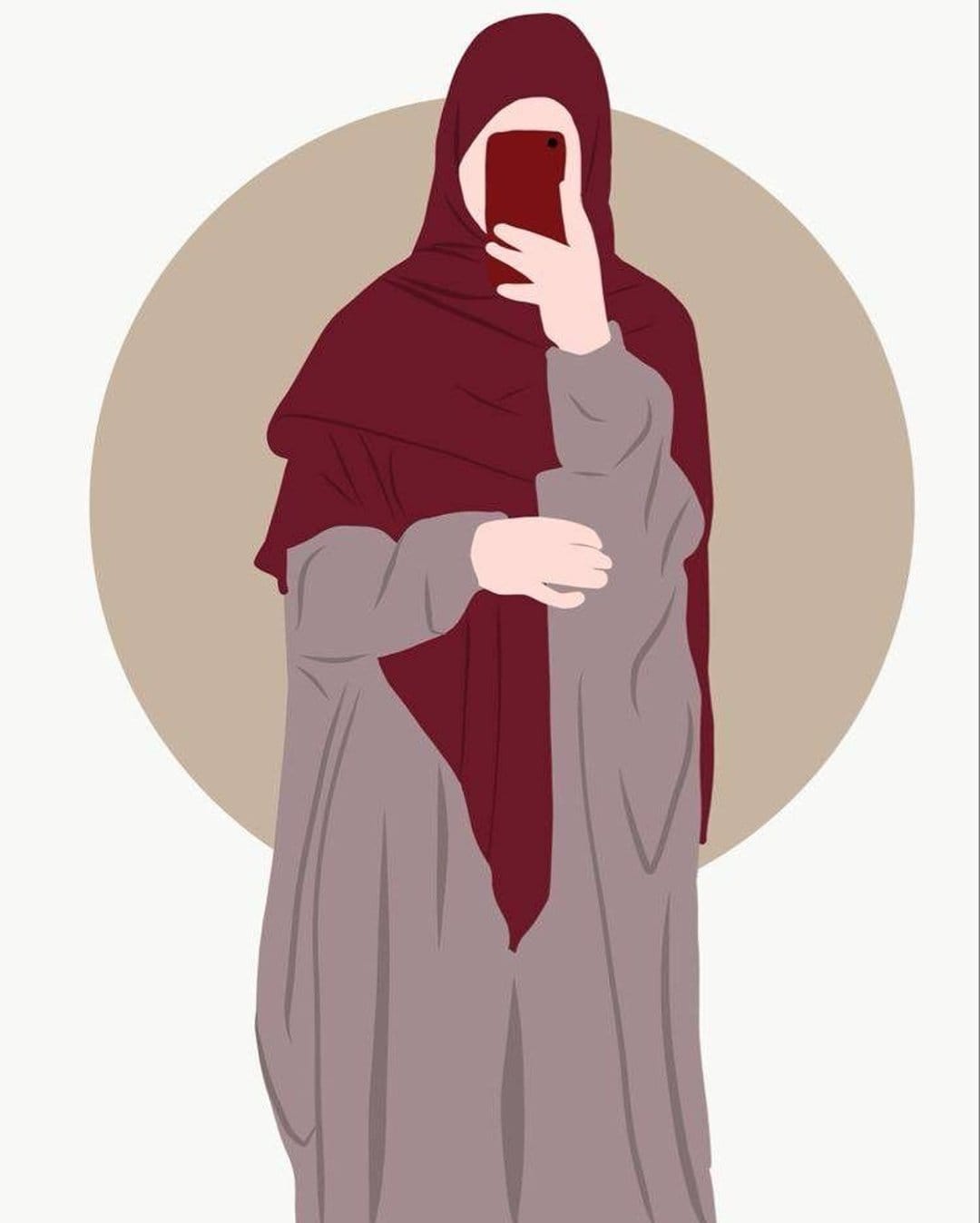 Woman wearing a maroon hijab and grey abaya holds a red smartphone for a selfie against a soft circular backdrop.