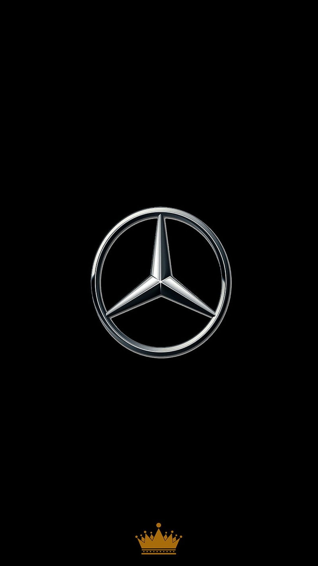 Silver Mercedes-Benz star logo positioned above a gold royal crown on a solid black vertical background.
