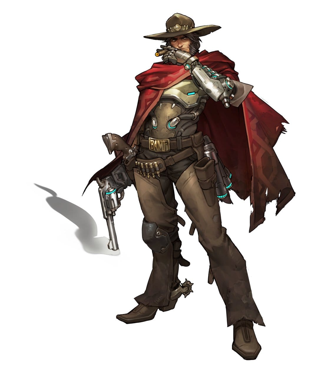 Cowboy with a mechanical arm and red poncho holding a glowing revolver in a portrait digital art style.