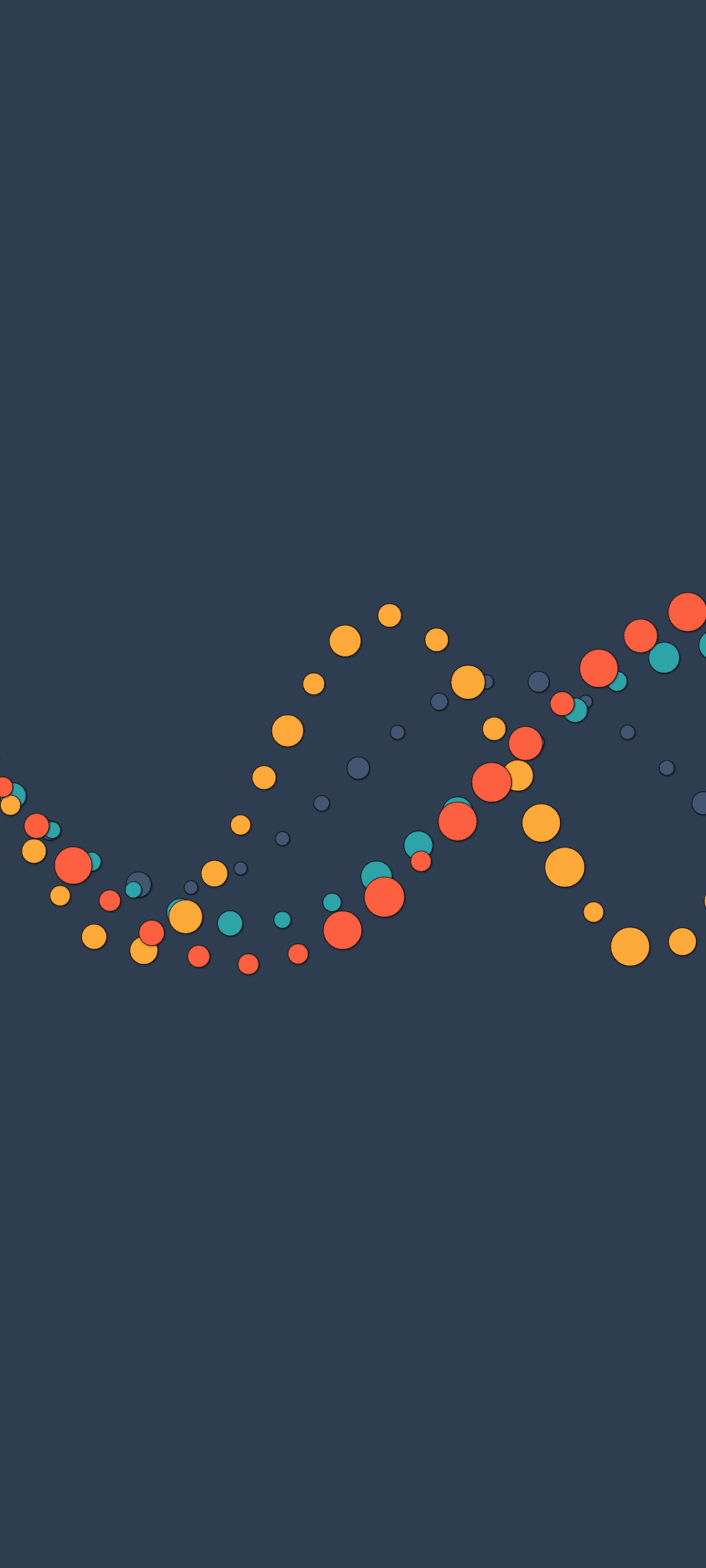 Intertwining DNA helix strands made of orange and teal dots flow vertically over a dark slate background.