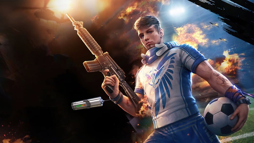 Male character holding an assault rifle and soccer ball amidst a fiery explosion with a helicopter silhouette.