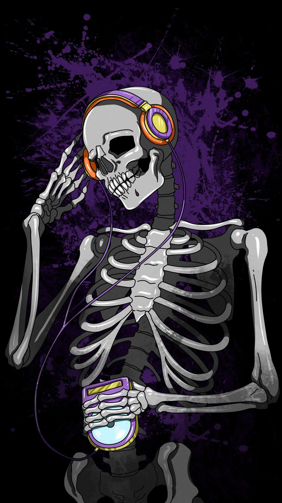 Skeleton with headphones and an MP3 player set against a black backdrop featuring vibrant purple paint splatters.