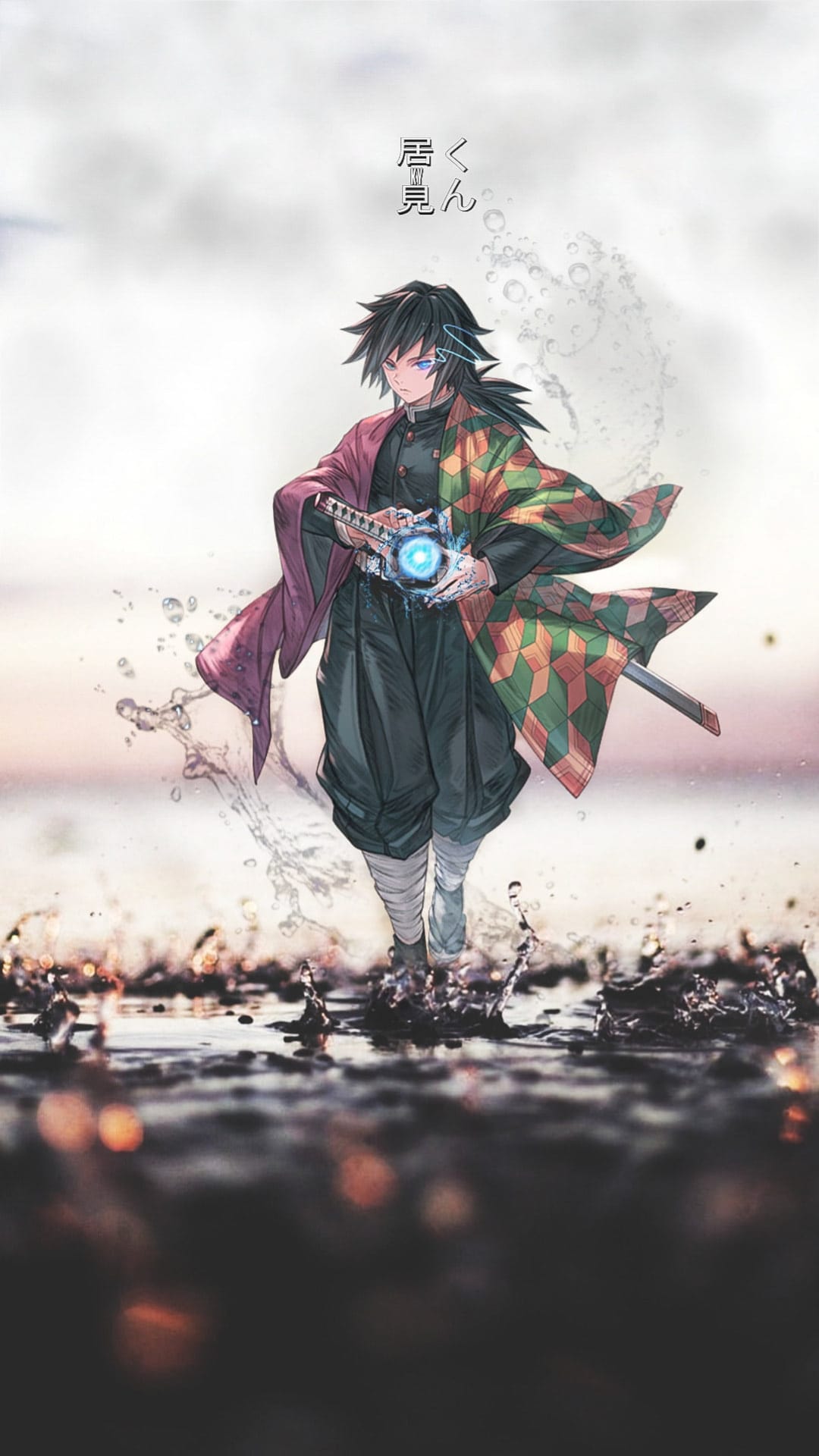 Giyu Tomioka grips a sword and glowing sphere while walking through ocean waves on a rocky shore at dusk.