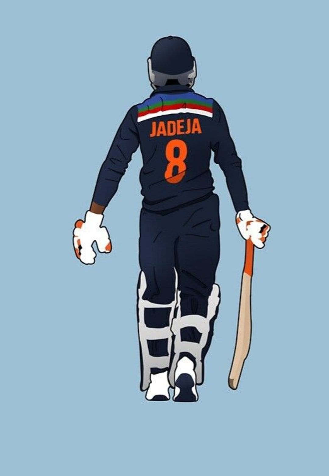 Ravindra Jadeja walks away wearing a blue number 8 India cricket jersey while carrying a bat on a blue backdrop.