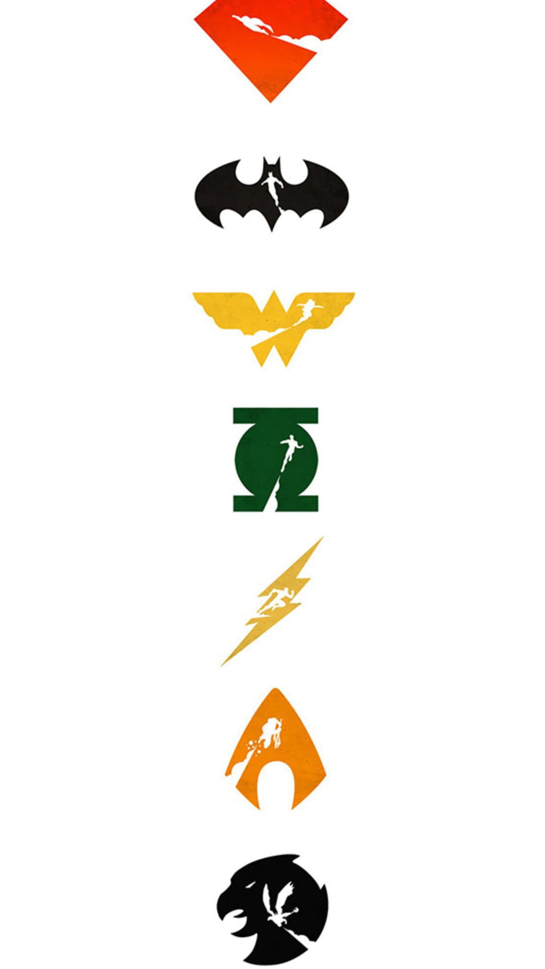 Justice League hero logos in a vertical stack feature silhouettes of Superman, Batman, and Wonder Woman in action.