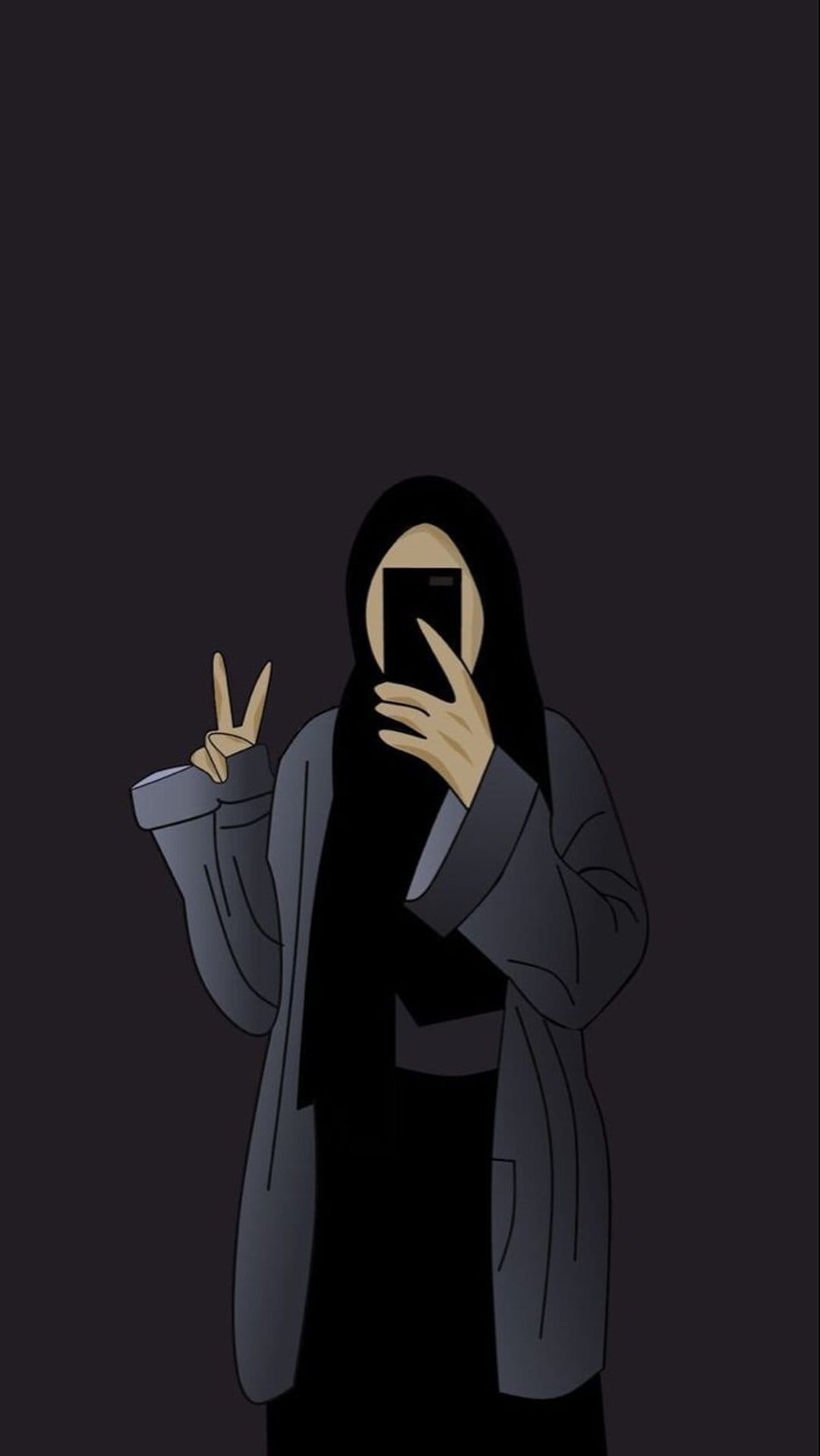 Woman in a black hijab and gray cardigan holds a smartphone to take a selfie while making a peace sign gesture.