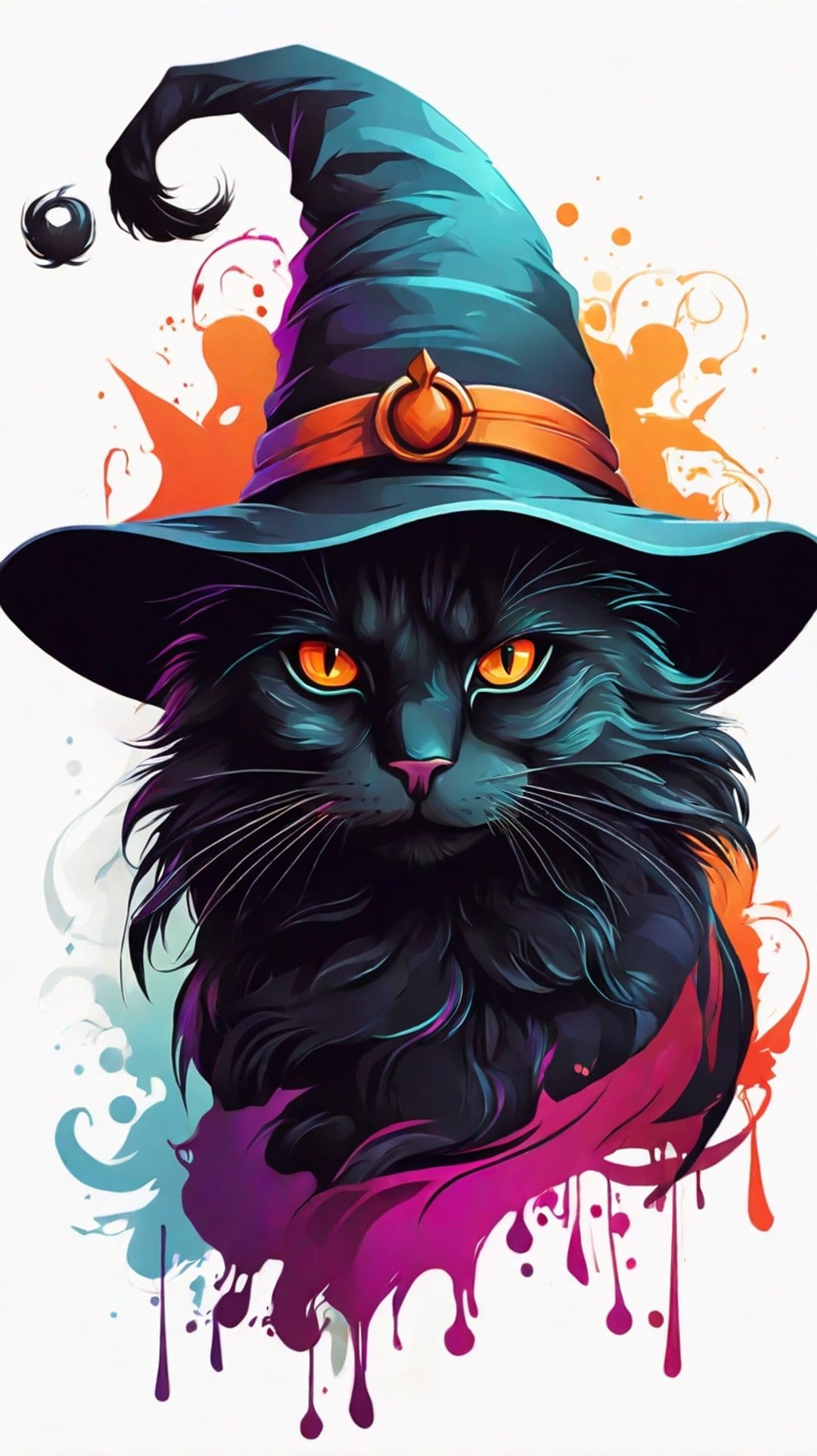 Black cat wearing a teal witch hat with orange band and glowing amber eyes amidst purple watercolor splatters.