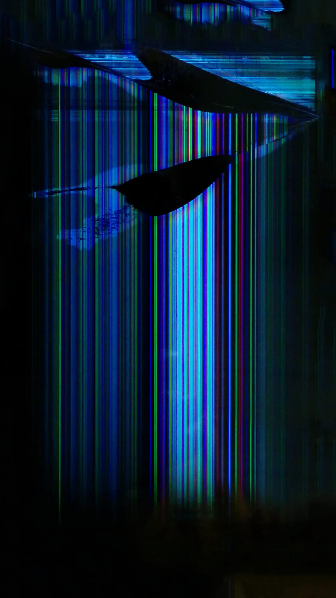Vertical neon blue and purple light streaks intersect on a dark background resembling a cracked screen.