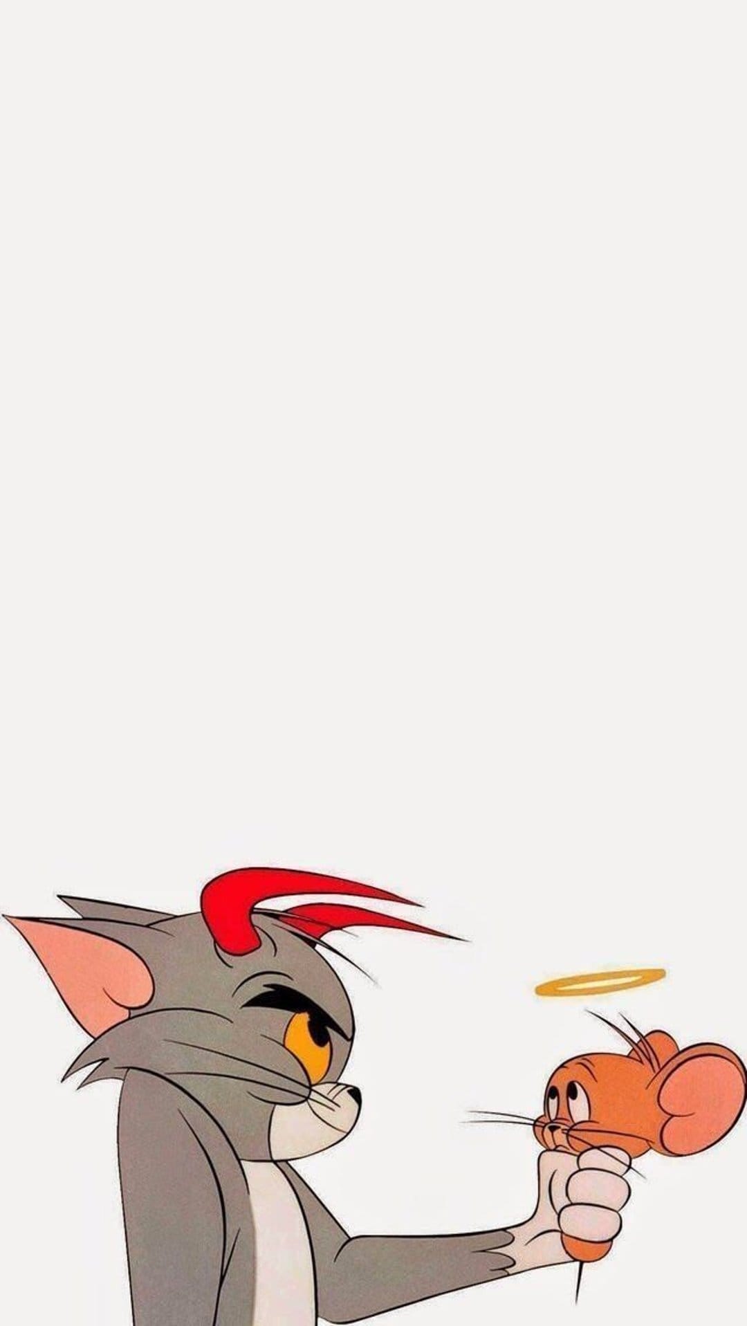 Tom the cat with devil horns and Jerry the mouse wearing a gold halo stand on a clean white background.