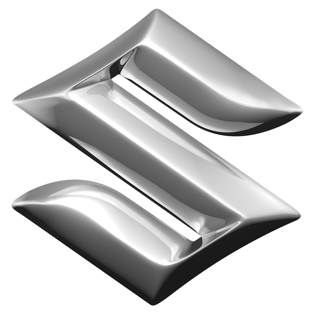 Suzuki logo 3D chrome emblem with reflective metallic surfaces and sharp beveled edges on a transparent background.