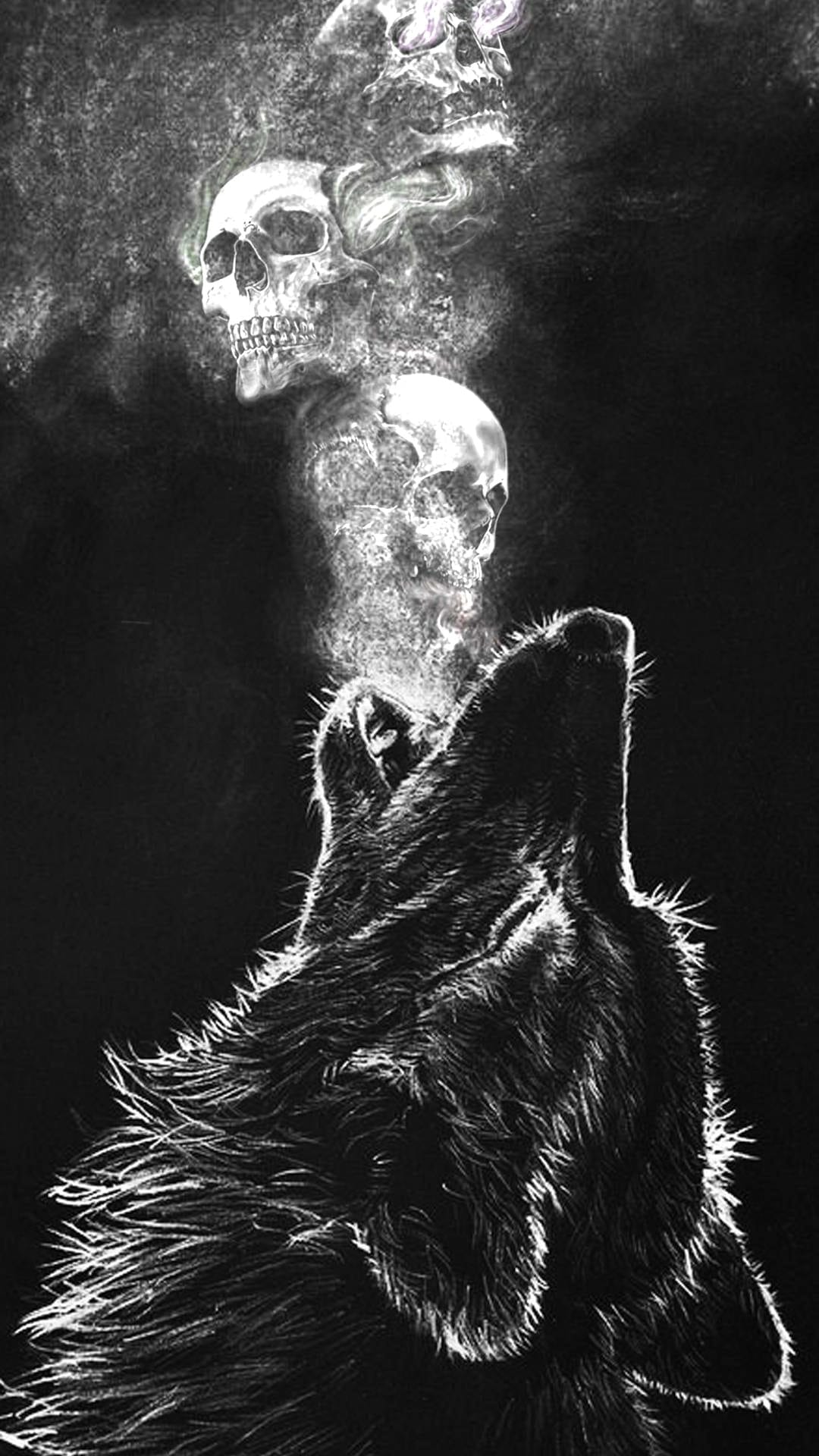 Lone wolf howls at the moon while skull-shaped vapor rises from its mouth against a dark, foggy background.