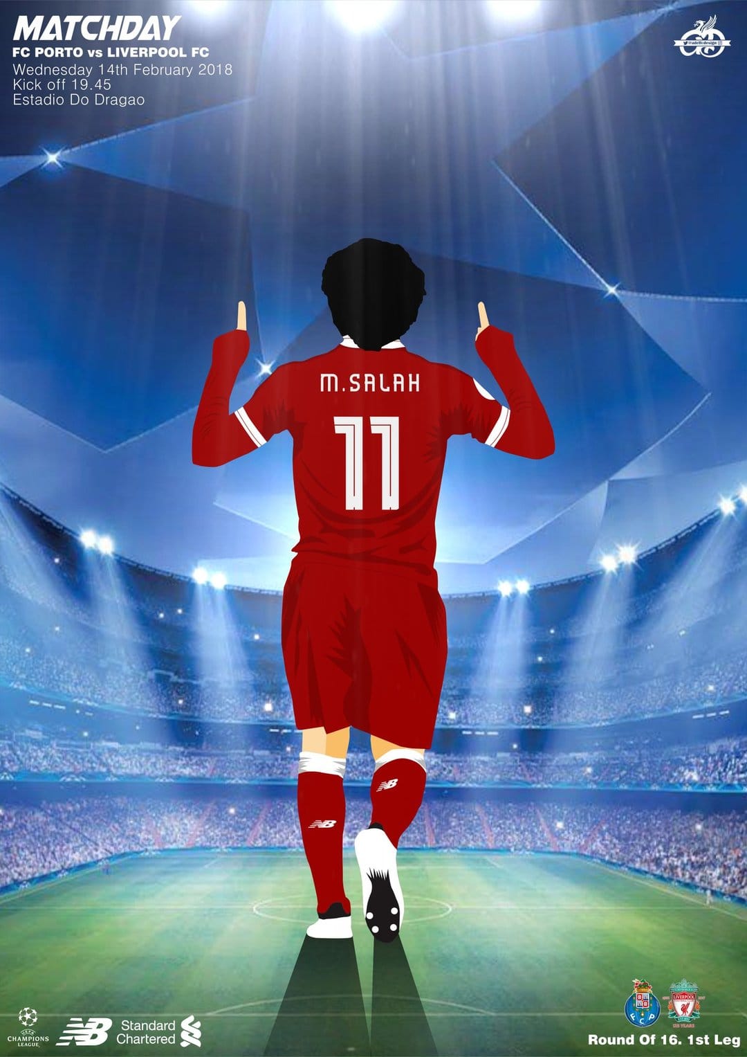 Mohamed Salah wearing a red jersey with number eleven raises his arms toward a glowing football stadium at night.