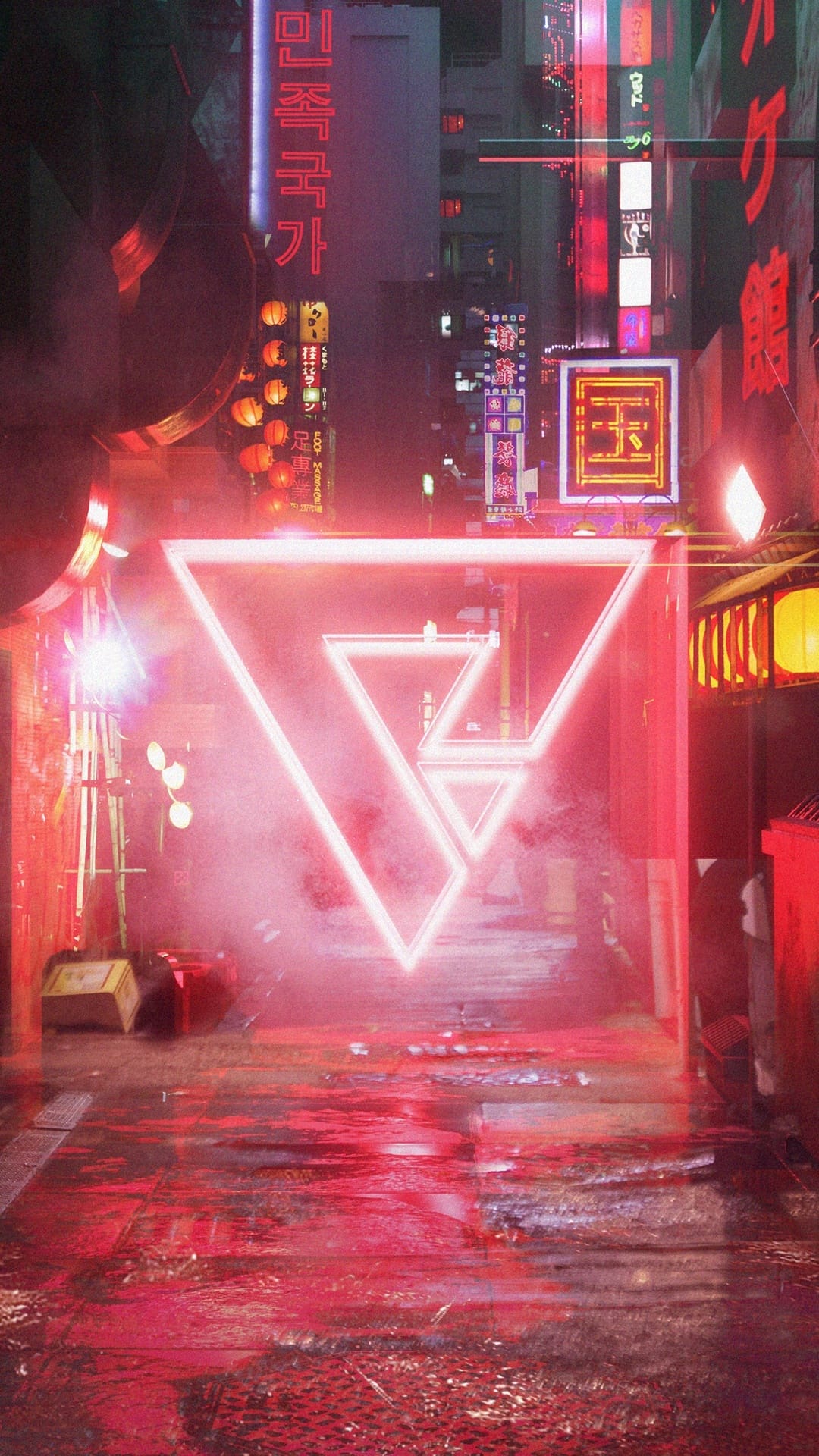 Narrow alleyway filled with glowing fuchsia and red neon signs reflecting on rain-slicked pavement at night.