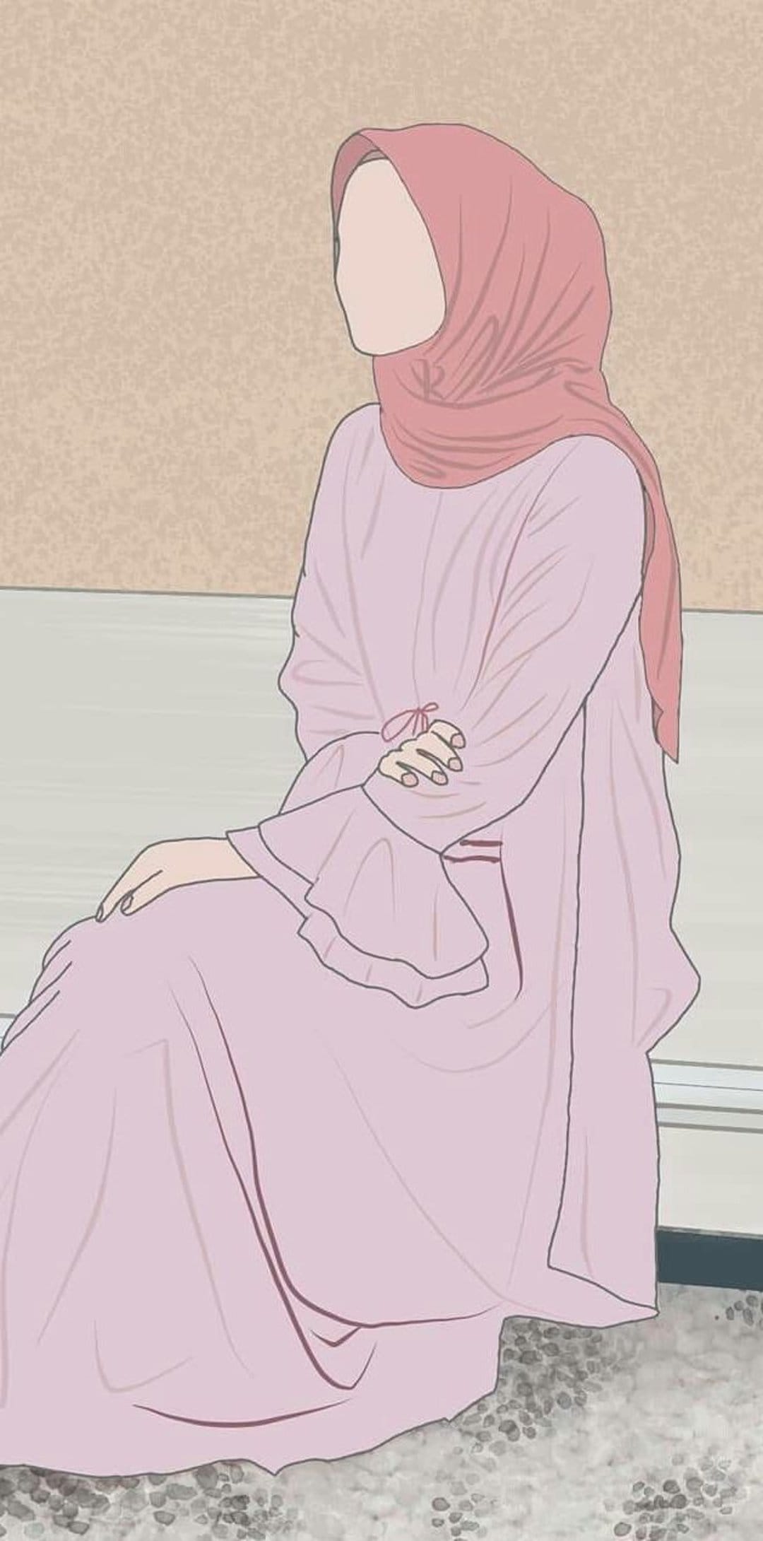Muslim woman wearing a soft pink hijab and matching dress sits with arms crossed against a textured wall.