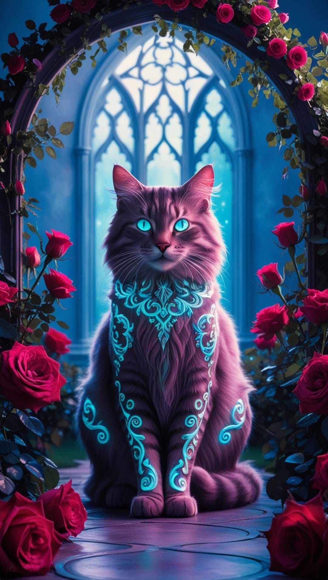 Bioluminescent cat with glowing blue patterns sits among red roses under a gothic arch in a dark garden.