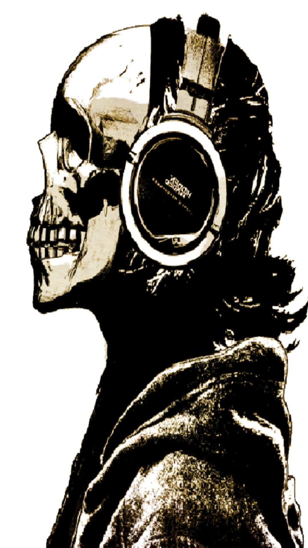 Screaming skull in profile wearing oversized headphones and a dark hood against a solid white background.