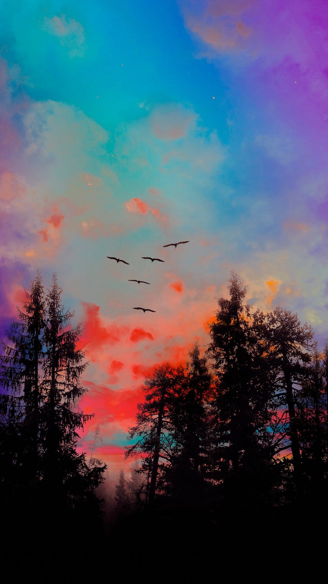 Birds soar over a dark pine forest silhouette against a vibrant purple, orange, and blue twilight sky background.