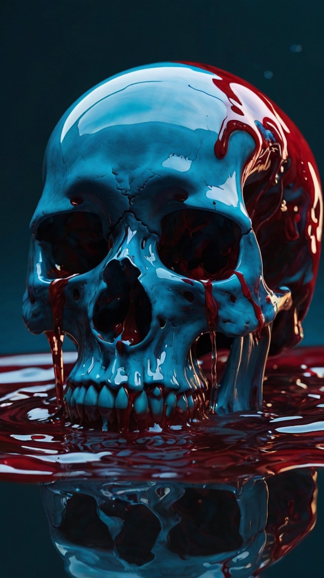 Blue bone skull partially submerged in thick red blood with droplets falling from its hollow eye sockets and jaw.