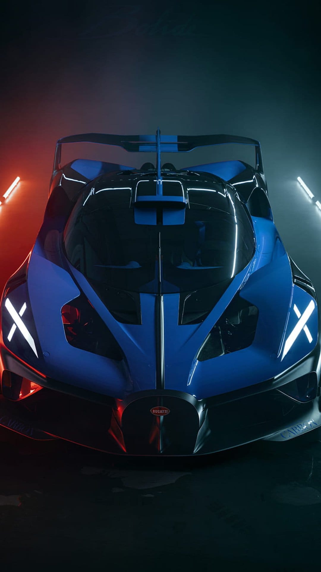 Bugatti Bolide hypercar with a blue exterior and horseshoe grille illuminated by red and white studio lighting.