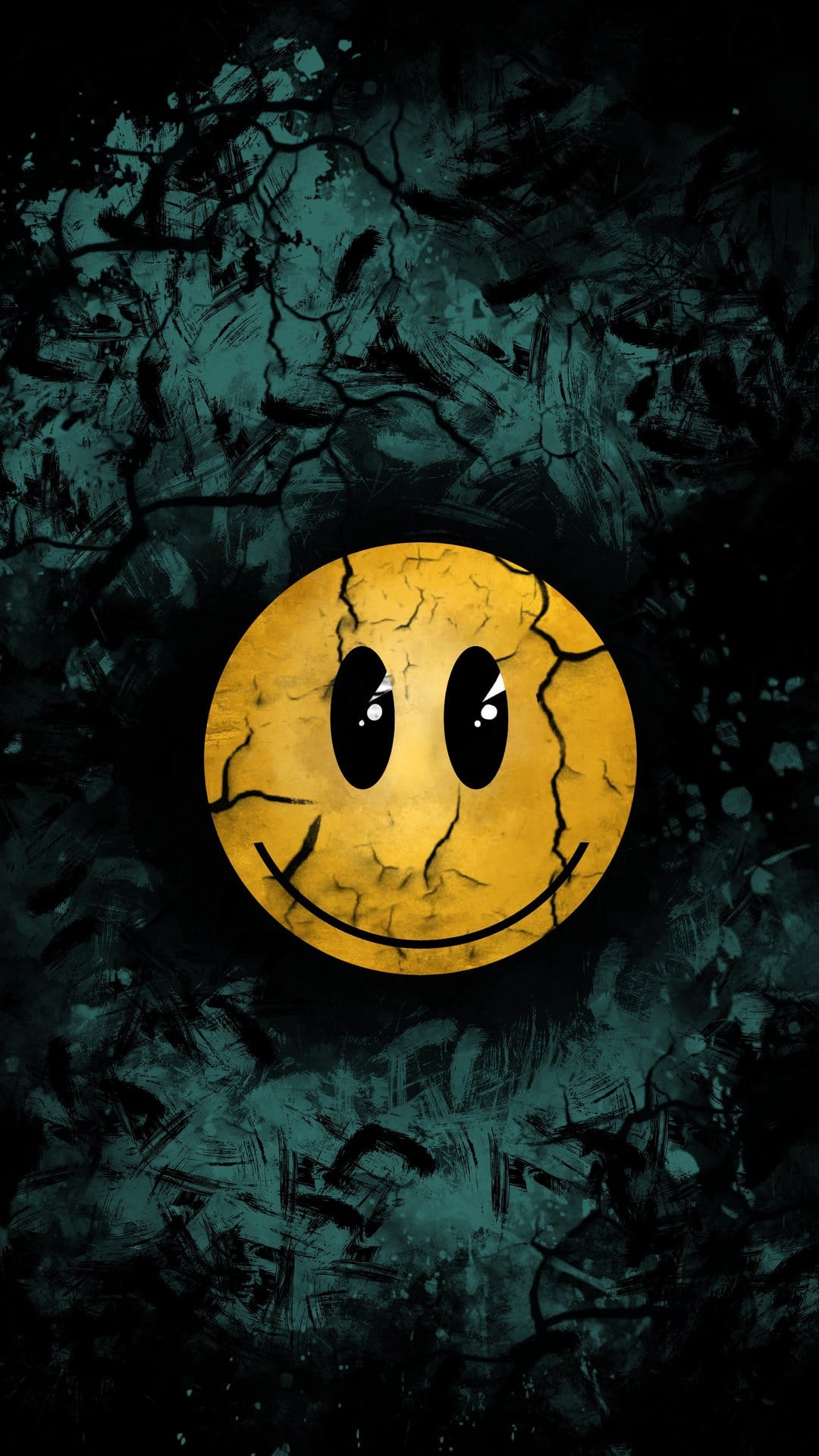Yellow smiley face with deep cracks centered on a dark teal and black splattered grunge background texture.