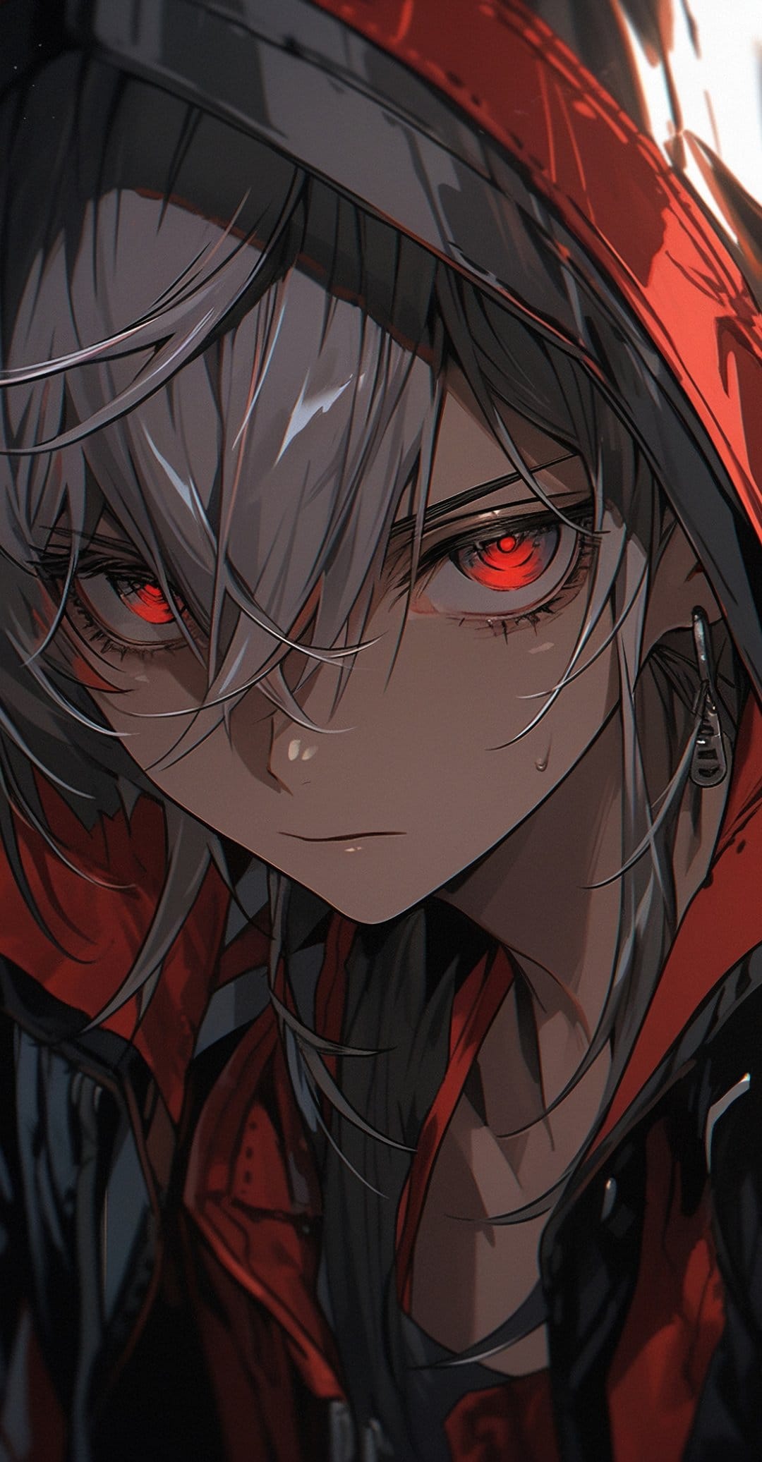 Hooded anime character with fiery red eyes and grey hair strands staring forward in a close-up portrait.