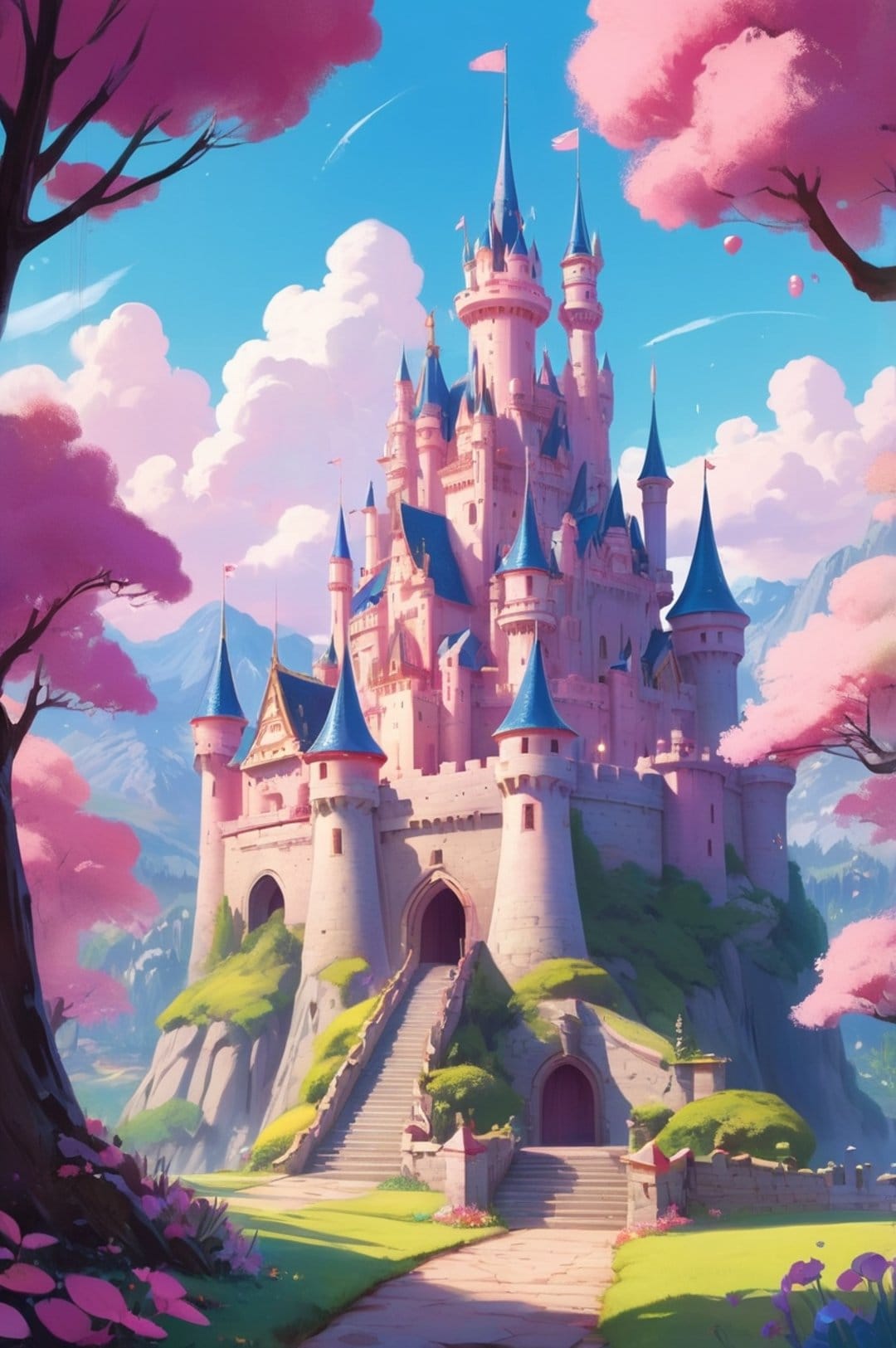Pink castle with blue turrets on a grassy hill surrounded by blooming trees under a cloudy blue sky background.
