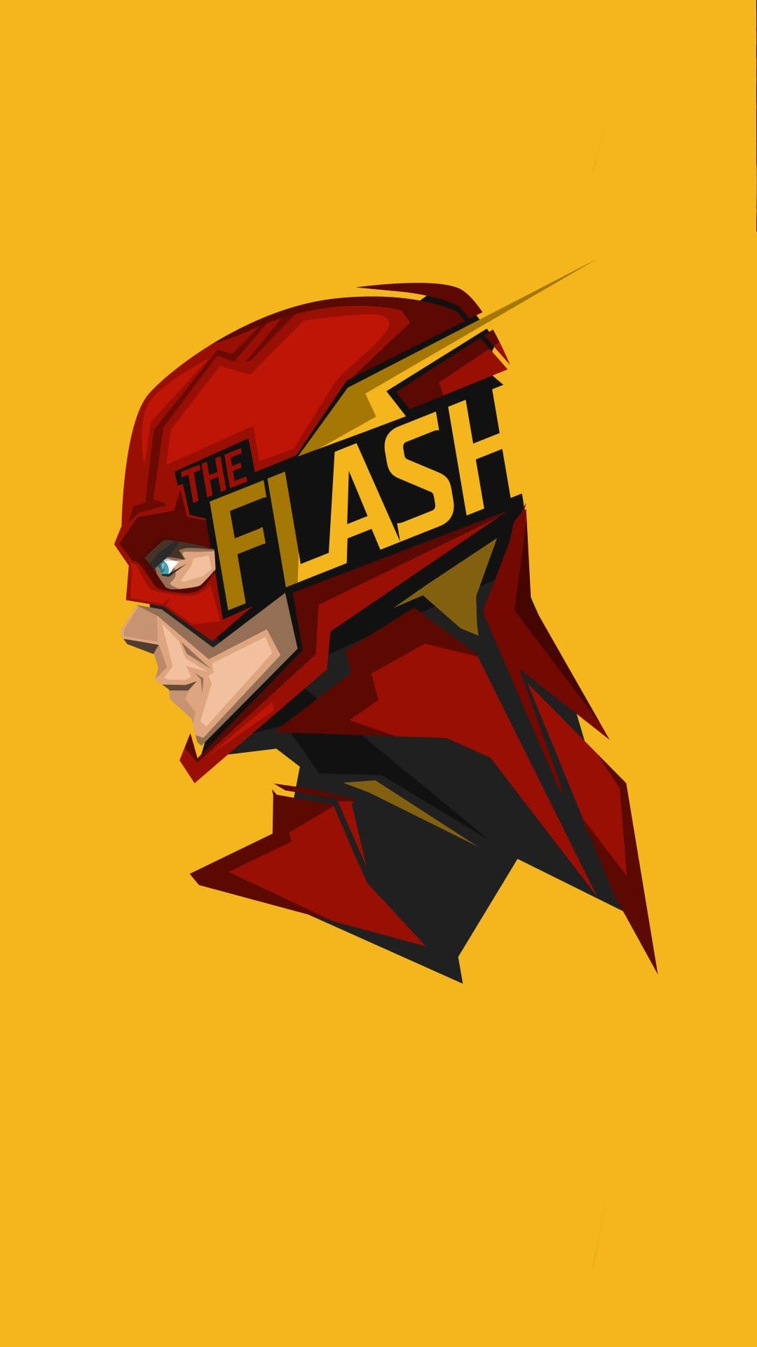 The Flash wearing a red cowl with lightning bolts and integrated text against a solid yellow background.