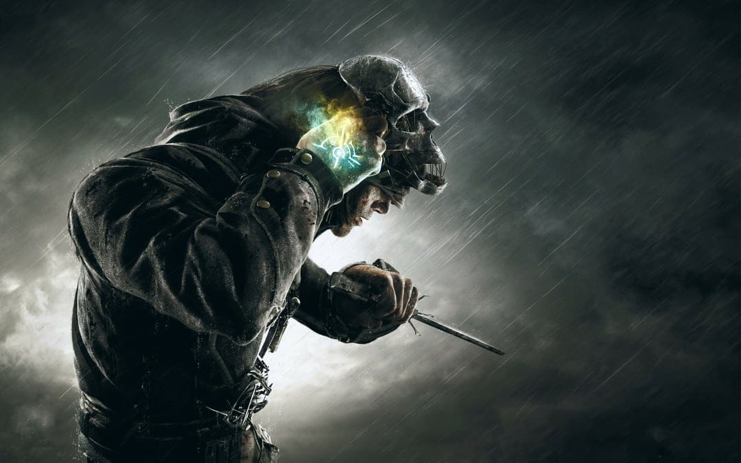 Corvo Attano wearing a skull mask and hooded coat, holding a blade with a glowing mark in the rain.